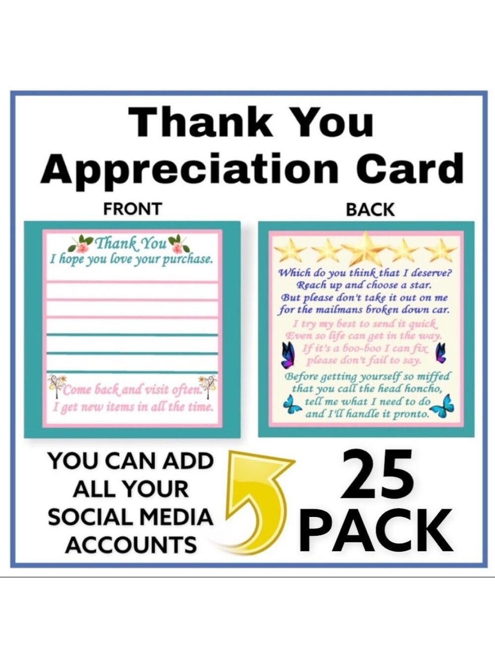 25 3x3 Thank You / Appreciation Card ADD ON DEAL PRICE IS FIRM - Picture 2 of 4